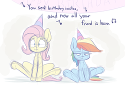 Size: 2200x1500 | Tagged: safe, artist:heir-of-rick, fluttershy, rainbow dash, pegasus, pony, g4, birthday, cute, female, filly, filly fluttershy, filly rainbow dash, hat, mare, ninja sex party, party hat, singing, unamused, younger