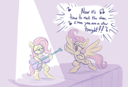 Size: 2200x1500 | Tagged: safe, artist:heir-of-rick, fluttershy, pegasus, pony, g4, eyes closed, female, filly, filly fluttershy, guitar, mare, multeity, music notes, self ponidox, singing, spotlight, stage, younger