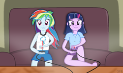 Size: 1170x695 | Tagged: safe, artist:grapefruitface1, rainbow dash, twilight sparkle, equestria girls, g4, barefoot, controller, couch, duo, feet, joystick, shading, video game, wires