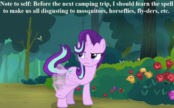 Size: 1024x640 | Tagged: safe, edit, edited screencap, editor:korora, screencap, starlight glimmer, fly, insect, pony, unicorn, g4, the mean 6, annoyed, cropped, female, flower, mare, rose, solo, text, tree