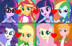 Size: 1736x1108 | Tagged: safe, artist:3d4d, applejack, big macintosh, fluttershy, rainbow dash, rarity, sci-twi, sunset shimmer, twilight sparkle, equestria girls, g4, my little pony equestria girls: better together, camp everfree outfits, clothes, cowboy hat, female, geode of telekinesis, glasses, hat, heart, lesbian, love triangle, magical geodes, male, ship:fluttermac, ship:rarijack, ship:sci-twidash, ship:sci-twishimmer, ship:sunsetsparkle, ship:twidash, shipping, shipping domino, smiling, straight