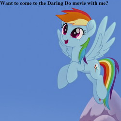 Size: 729x729 | Tagged: safe, edit, edited screencap, editor:korora, screencap, rainbow dash, pony, g4, my little pony: the movie, bronybait, cropped, cute, dashabetes, female, flying, invitation, mountain, question, sky, smiling, snow, solo