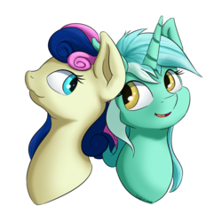 Size: 1300x1300 | Tagged: safe, artist:coldtrail, bon bon, lyra heartstrings, sweetie drops, earth pony, pony, unicorn, g4, bust, female, lesbian, looking at each other, mare, open mouth, ship:lyrabon, shipping, signature, simple background, smiling, transparent background