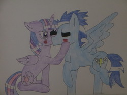 Size: 4000x3000 | Tagged: safe, artist:sheaisawesome666, soarin', twilight sparkle, alicorn, pony, g4, blushing, kissing, male, one eye closed, shipping, soarlight, straight, traditional art, twilight sparkle (alicorn)