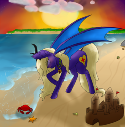 Size: 1490x1500 | Tagged: safe, artist:midnightfire1222, oc, oc only, oc:aqua, crab, demon pony, starfish, beach, blushing, ocean, sandcastle, shells, solo, sunset