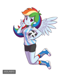Size: 1759x2052 | Tagged: safe, artist:anon_bardos, rainbow dash, equestria girls, g4, argentina, ball, clothes, cute, female, football, grin, jumping, looking at you, peace sign, shoes, simple background, smiling, sneakers, solo, sports, teeth, white background, wings, world cup
