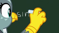 Size: 1280x720 | Tagged: safe, screencap, gabby, griffon, g4, chalk, chalkboard, female, out of context, reaction image, sin, solo