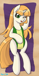 Size: 1695x3348 | Tagged: safe, artist:naomiknight17, oc, oc only, oc:chai malai, pony, unicorn, beach, clothes, female, one eye closed, redhead, sand, signature, solo, swimsuit, tongue out, towel, wink