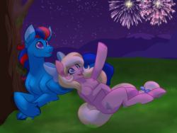 Size: 1600x1200 | Tagged: safe, artist:itstaylor-made, oc, oc only, oc:andrew swiftwing, oc:bay breeze, pegasus, pony, bow, couple, duo, duo male and female, female, fireworks, grass, hair bow, looking up, lying down, male, mare, night, night sky, oc x oc, open mouth, pointing, prone, shipping, sky, smiling, stallion, straight, swiftbreeze, tail bow, tree, wings