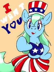 Size: 960x1280 | Tagged: safe, artist:dashingjack, oc, oc:brainstorm, earth pony, pony, 4th of july, american independence day, clothes, crossdressing, hat, holiday, lipstick, looking at you, midriff, pointing, simple background, skirt, text