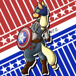 Size: 1024x1024 | Tagged: safe, artist:korencz11, applejack, earth pony, semi-anthro, g4, 4th of july, american independence day, amerijack, captain america, captain equestria, crossover, female, holiday, shield, solo