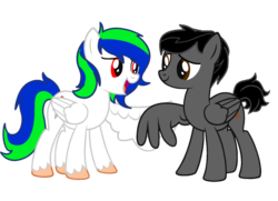 Size: 1024x740 | Tagged: safe, artist:fireblade804, oc, oc only, oc:fireblade, oc:forest flowstone, pegasus, pony, best friend, duo, friends, friendship, male, request, simple background, smiling, stallion, transparent background, wing hands, wing shake