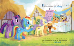 Size: 1740x1080 | Tagged: safe, artist:zoe persico, a.k. yearling, daring do, puddle jump, rainbow dash, twilight sparkle, alicorn, earth pony, pegasus, pony, g4, official, rainbow dash: reading rainboom, book, female, goggles, little golden book, male, mare, ponyville, queue, signing, stallion, text, twilight sparkle (alicorn), unnamed character, unnamed pony