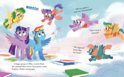 Size: 1739x1080 | Tagged: safe, artist:zoe persico, rainbow dash, twilight sparkle, alicorn, pegasus, pony, g4, official, rainbow dash: reading rainboom, book, cloud, cloudsdale, female, filly, flight camp, flying, goggles, junior speedsters, little golden book, mare, on a cloud, twilight sparkle (alicorn), unnamed character, unnamed pony