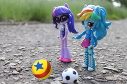 Size: 883x589 | Tagged: safe, artist:artofmagicpoland, edit, rainbow dash, sci-twi, twilight sparkle, human, equestria girls, g4, my little pony equestria girls: better together, ball, blue's clues, clothes, doll, eared humanization, equestria girls minis, irl, link in source, luxo's ball, photo, ponied up, swimsuit, toy, wondercolts uniform