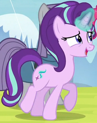 Size: 343x432 | Tagged: safe, screencap, starlight glimmer, pony, unicorn, g4, rock solid friendship, cropped, female, glowing horn, horn, mare, offscreen character, solo