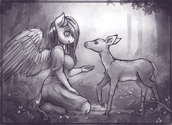 Size: 1900x1385 | Tagged: safe, artist:bantha, fluttershy, deer, fawn, anthro, g4, breasts, clothes, cute, dress, duo, feeding, female, grayscale, kindness, kneeling, looking at each other, monochrome, profile, spread wings, wings