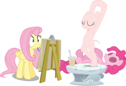 Size: 2958x2023 | Tagged: safe, artist:cloudy glow, artist:hourglass-vectors, artist:porygon2z, artist:regolithx, artist:tardifice, artist:togekisspika35, edit, editor:slayerbvc, vector edit, fluttershy, pinkie pie, earth pony, pegasus, pony, g4, artistic nudity, bald, bipedal, blushing, cup, dilated pupils, duo, easel, female, furless, furless edit, high res, mare, mouth hold, nude edit, nude model, nudity, oat smoothie, pedestal, pencil, pinkie being pinkie, pose, shaved tail, simple background, smoothie, straw, transparent background, tree pose, vector