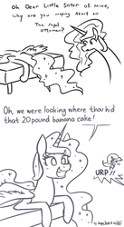 Size: 1024x1874 | Tagged: safe, artist:dsp2003, artist:jargon scott, princess celestia, princess luna, alicorn, pony, g4, blushing, collaboration, comic, duo, duo female, female, grin, mare, monochrome, simple background, sketch, smiling, this will end in weight gain, white background