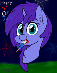 Size: 599x768 | Tagged: safe, artist:seafooddinner, oc, oc only, oc:seafood dinner, pony, unicorn, 4th of july, american independence day, bust, cute, eating, female, fireworks, food, holiday, independence day, mare, night, popsicle