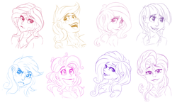Size: 3000x1771 | Tagged: safe, artist:drizziedoodles, applejack, fluttershy, pinkie pie, rainbow dash, rarity, starlight glimmer, sunset shimmer, twilight sparkle, human, equestria girls, g4, clothes, grin, humane five, humane seven, humane six, humanized, limited palette, open mouth, simple background, sketch, smiling, white background