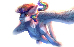 Size: 1024x653 | Tagged: safe, artist:cups-art, rainbow dash, pegasus, pony, g4, feather, female, mare, running, simple background, solo, spread wings, white background, wings