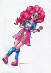 Size: 850x1222 | Tagged: safe, artist:andpie, pinkie pie, equestria girls, g4, boots, clothes, cute, female, high heel boots, looking at you, open mouth, shoes, simple background, skirt, socks, solo, traditional art, white background