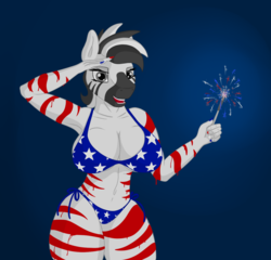 Size: 1300x1250 | Tagged: safe, artist:stray prey, oc, oc only, zebra, anthro, 4th of july, american flag bikini, american independence day, armpits, big breasts, bikini, bodypaint, breasts, cleavage, clothes, female, fireworks, flag bikini, gradient background, holiday, nail polish, paint, paint on fur, salute, solo, sparkler (firework), swimsuit, zebra oc
