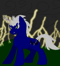 Size: 858x932 | Tagged: safe, artist:crystic, oc, oc only, oc:regal thunder, pony, unicorn, angry, cutie mark, grasss field, horn, male, solo, sparking horn, stormcloud, thunder bolt, wings, zodiac sign