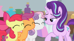 Size: 1920x1080 | Tagged: safe, edit, edited screencap, screencap, apple bloom, scootaloo, starlight glimmer, sweetie belle, earth pony, pegasus, pony, unicorn, g4, marks for effort, cutie mark crusaders, duckface, eyes closed, female, filly, foal, imminent kissing, implied lesbian, implied shipping, leaning, lidded eyes, lifted leg, mare, out of context, school of friendship, smiling