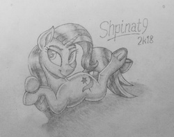 Size: 2904x2302 | Tagged: safe, artist:shpinat9, trixie, pony, unicorn, g4, female, high res, lying, mare, monochrome, prone, smiling, solo, traditional art, underhoof