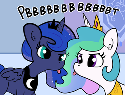Size: 1889x1440 | Tagged: safe, artist:tjpones, princess celestia, princess luna, alicorn, pony, :p, cute, cutelestia, ear fluff, eye contact, female, glare, looking at each other, lunabetes, majestic as fuck, mare, maturity, raspberry, raspberry noise, royal sisters, sillestia, silluna, silly, text, tongue out