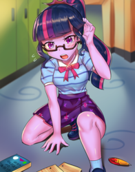 Size: 800x1018 | Tagged: safe, artist:tzc, sci-twi, twilight sparkle, equestria girls, g4, my little pony equestria girls: better together, anime, blushing, book, bowtie, clothes, female, geode of telekinesis, glasses, legs, lockers, paper, pen, ponytail, shirt, shoes, skirt, socks, solo, upskirt denied