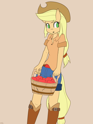 Size: 1000x1333 | Tagged: safe, artist:genericmlp, applejack, earth pony, anthro, g4, apple, basket, clothes, cowboy hat, female, food, hat, mare, simple background, solo, stetson