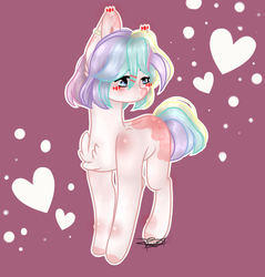 Size: 2034x2128 | Tagged: safe, artist:knaranayama, oc, oc only, oc:mochi, earth pony, pony, abstract background, blushing, chest fluff, commission, female, high res, mare, signature, solo