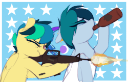 Size: 1200x772 | Tagged: safe, artist:shinodage, oc, oc only, oc:apogee, oc:delta vee, pegasus, pony, abstract background, alcohol, animated, assault rifle, bottle, drinking, eastbound and down, eyes closed, female, flag of equestria, freckles, gun, m16, mare, mother and daughter, murica, one eye closed, questria, rifle, weapon