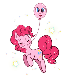 Size: 960x1077 | Tagged: safe, artist:hosikawa, pinkie pie, earth pony, pony, g4, balloon, blushing, cute, diapinkes, eyes closed, female, jumping, mare, mouth hold, pinkie being pinkie, smiling, solo, stars