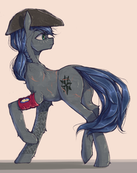 Size: 1000x1263 | Tagged: safe, artist:madhotaru, oc, oc only, earth pony, pony, butt, cutie mark crusaders, cutie mark crusaders patch, hat, plot, raised hoof, scar, simple background, solo, white background