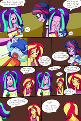 Size: 1000x1500 | Tagged: safe, artist:jake heritagu, aria blaze, sci-twi, sunset shimmer, twilight sparkle, oc, oc:sparkling sapphire, comic:aria's archives, comic:of babes and heartbreaks, series:sciset diary, equestria girls, g4, rainbow rocks, blushing, clothes, comic, female, glasses, lesbian, magical lesbian spawn, offspring, parent:sci-twi, parent:sunset shimmer, parents:scitwishimmer, ship:sci-twishimmer, ship:sunsetsparkle, shipping, smiling, speech bubble, yawn