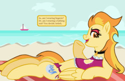 Size: 1170x764 | Tagged: safe, artist:peregrinstaraptor, oc, oc only, oc:wyldfyre, pegasus, pony, beach, bell, bell collar, boat, bra, cat lingerie, clothes, collar, female, lingerie, mare, ocean, on back, panties, solo, swimsuit, underwear