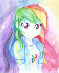 Size: 730x904 | Tagged: safe, artist:astevenamedwolf, rainbow dash, equestria girls, equestria girls series, beautiful, female, geode of super speed, looking at you, magical geodes, solo, traditional art