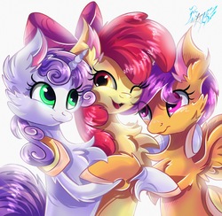 Size: 2930x2861 | Tagged: safe, artist:alexbluebird, apple bloom, scootaloo, sweetie belle, earth pony, pegasus, pony, unicorn, g4, best friends, bow, chest fluff, colored hooves, cute, cutie mark crusaders, cutie mark cuties, ear fluff, eye clipping through hair, fluffy, hair bow, high res, hug, looking at each other, open mouth, signature, simple background, smiling, trio, white background