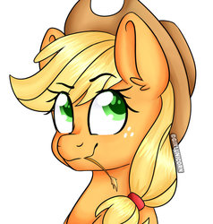 Size: 872x917 | Tagged: safe, artist:girlunicorn, applejack, earth pony, pony, g4, applejack's hat, bust, cowboy hat, female, hat, mare, portrait, simple background, solo, straw, straw in mouth, white background