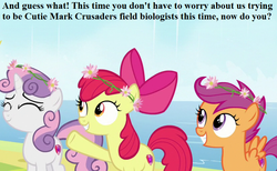 Size: 832x512 | Tagged: safe, edit, edited screencap, editor:korora, screencap, apple bloom, scootaloo, sweetie belle, campfire tales, g4, my little pony: friendship is magic, adorabloom, bow, captain obvious, cropped, cute, cutealoo, cutie mark, cutie mark crusaders, department of redundancy department, diasweetes, flower, flower in hair, grammar error, hair bow, text, the cmc's cutie marks, waterfall