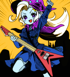 Size: 1500x1637 | Tagged: safe, artist:starwantrix, artist:weiliy, color edit, derpibooru exclusive, edit, trixie, equestria girls, g4, clothes, colored, cute, diatrixes, dress, female, flying v, guitar, hat, musical instrument, solo, trixie's hat, vocaloid