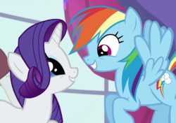 Size: 1020x720 | Tagged: safe, screencap, rainbow dash, rarity, g4, my little pony: friendship is magic, rarity investigates, cropped, eyes on the prize, looking at each other, smiling