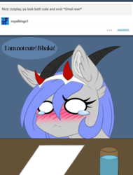 Size: 530x697 | Tagged: safe, artist:melodytheartpony, oc, oc:melody silver, ask, baka, clothes, cosplay, cosplay zero two, costume, darling in the franxx, embarrassed, hiding, i'm not cute, solo, tumblr