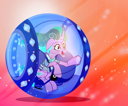 Size: 900x740 | Tagged: safe, artist:pixelkitties, mistmane, pony, unicorn, g4, clothes, curved horn, ethereal mane, female, gradient background, gyrosphere, hamster ball, horn, jurassic world, mare, open mouth, smiling, solo