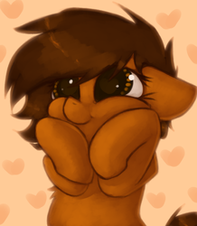 Size: 754x864 | Tagged: safe, artist:marsminer, oc, oc only, oc:venus spring, pony, unicorn, :t, abstract background, cute, dilated pupils, female, floppy ears, fluffy, heart, heart eyes, hooves, mare, marsminer is trying to murder us, ocbetes, smiling, solo, squishy cheeks, venus spring actually having a pretty good time, wingding eyes