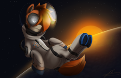 Size: 5680x3673 | Tagged: safe, artist:tee_mit_milch, artist:xxcrazzzyxx, oc, oc only, oc:kiva, pony, robot, robot pony, absurd resolution, astronaut, female, floating, glowing eyes, hair over one eye, lidded eyes, mare, planet, ponified, solo, space, space background, spacesuit, starry sky, sun, underhoof, ych result, zero gravity, zipper